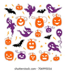 Vector set of Halloween design elements . Halloween stickers with traditional symbols and handwritten lettering. Perfect for party invitation, greeting card, flyer, banner, poster.