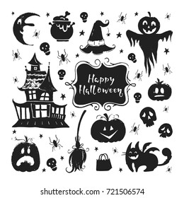 Vector set of Halloween design elements . Halloween stickers with traditional symbols and handwritten lettering. Perfect for party invitation, greeting card, flyer, banner, poster.