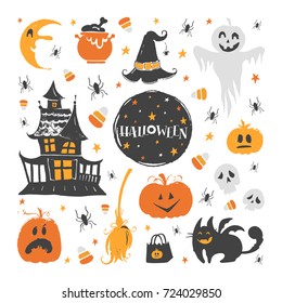 Vector set of Halloween design elements . Halloween stickers with traditional symbols and handwritten lettering. Perfect for party invitation, greeting card, flyer, banner, poster.