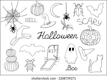 Vector set of Halloween doodle. Funny and scary Halloween decorations for postcards, playrooms. Hand drawn Halloween icons.