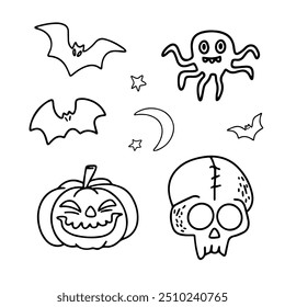 Vector set. Halloween doodle. Pumpkin, skull, bats, monster, moon and stars. Halloween monster face. Doodle on a white background. Design elements