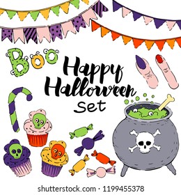 vector set of halloween elements. bowler, potion, fingers, cookies, lollipops, boo, flags, cupcake, muffins, skull