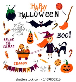 Vector set with Halloween elements and characters: cute girl in a witch costume, cat, candies, pumpkins, bat, hand drawn decorative lettering for cards, design and other