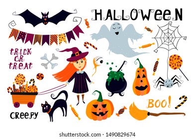 Vector set with Halloween elements and characters: cute girl in a witch costume, cat, candies, pumpkins, bat, spider, ghost, hand drawn decorative lettering for cards