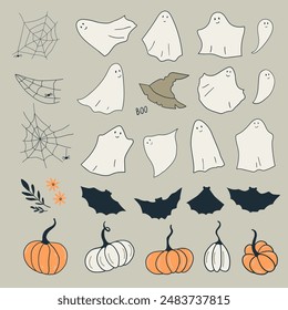 Vector set of halloween elements. Childrens cute graphics