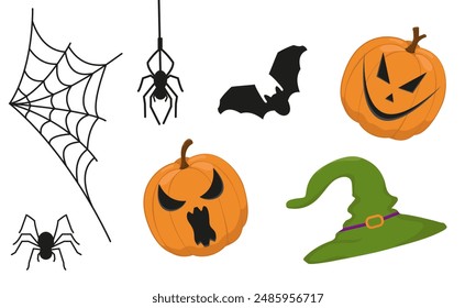 Vector set of Halloween elements. Color image of a pumpkin with different scary faces, a spider with a web and a bat. Creepy hand drawings on a white background. Holiday icons for Halloween.