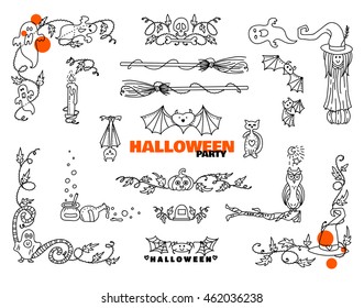Vector set of Halloween elements for design. Square, rectangle corner, border, frames for decor. Ghost, witch, broom, skull, bat, owl, star, pumpkin, hat, ivy, spider. Vintage doodle style, black line