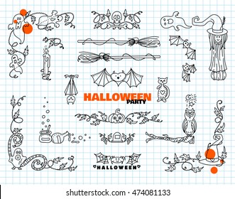 Vector set of Halloween elements for design. Square, rectangle corner, border, frames for decor. Ghost, witch, broom, skull, bat, owl, star, pumpkin, hat, ivy, spider. Cute doodles on note page