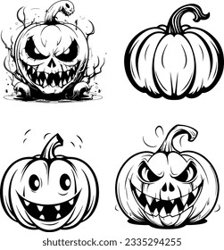 Vector Set of halloween elements, pumpkin, spider web, Witch hat, scary bats illustration