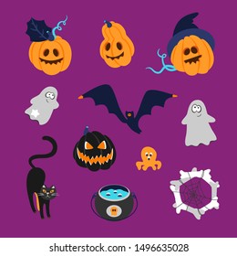 Vector set of Halloween elements. Pumpkins, spiders, cobwebs, bones. Halloween elements for stickers, cards, invitations, backgrounds and more.