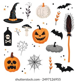 Vector set of Halloween elements: pumpkins, hat, bat, broom, spiderweb. Design elements for scrapbooking, greeting card, party invitation, poster, tag, stickers. Hand-drawn style. Fall theme.