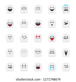 Vector set of Halloween emoticons. Collection of ghost's smiles in cartoon style isolated on white background

