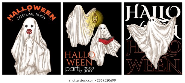 Vector set of Halloween flyers with different ghosts