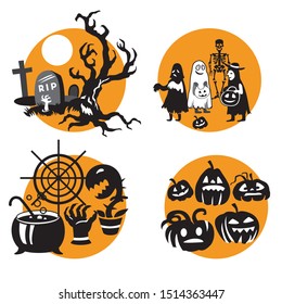 Vector Set for Halloween, four small illustration with characters of Halloween (graves with scary dead tree, children in Halloween costume, cauldron with web and Halloween pumpkins). Stock image 