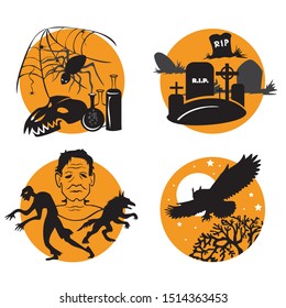 Vector Set for Halloween, four small illustration with characters of Halloween (web, spider and skull, cemetery with graves, zombie, werewolf and Frankenstein, owl flies and full moon). Stock image