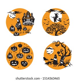 Vector Set for Halloween, four small illustration with characters of Halloween boy in costume and haunted house, flying witch and bats, Halloween pumpkins, ghost in scary forest). Stock image 