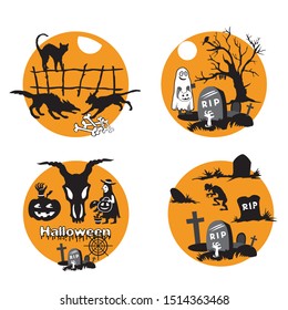 Vector Set for Halloween, four small illustration with characters of Halloween ( werewolf and cats, ghost with grave and dead tree, Halloween symbols, scary creature among the graves). Stock image
