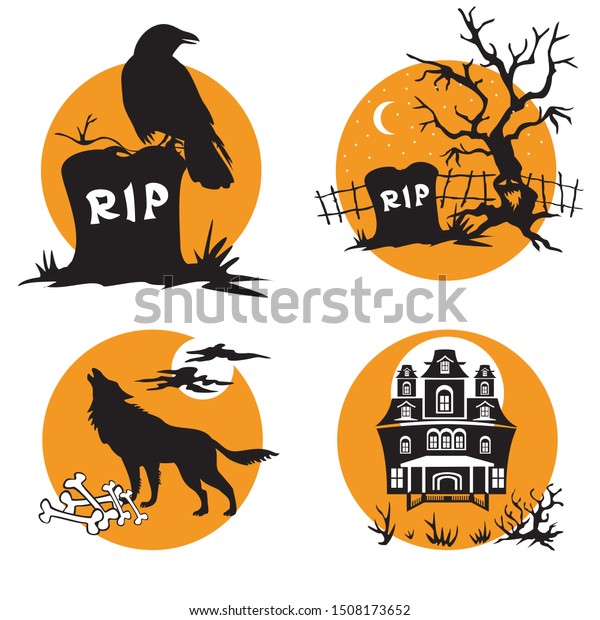 ハロウィーン用のベクター画像セット ハロウィーンのキャラクターを描いた4つの小さなイラスト 烏が墓に座り 怖い枯木のある墓 満月に狼の遠吠え お化け屋敷 画像素材 のベクター画像素材 ロイヤリティフリー