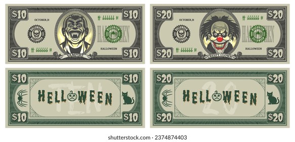 Vector set of Halloween game money. Banknotes in denominations of 10 and 20 dollars. Portraits in an oval of a freak vampire and an scary clown. Part 3