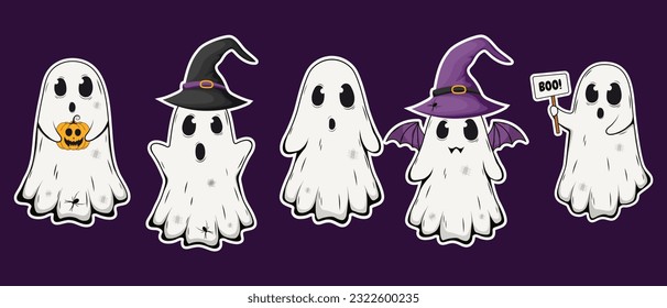 Conjunto de vectores de la etiqueta de carácter fantasma de halloween. Graciosas criaturas espeluznantes de Hallowwen.Ilustración vectorial