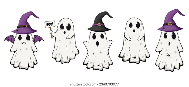 Conjunto de vectores del fantasma de Halloween. Graciosas criaturas espeluznantes de Hallowwen.Ilustración vectorial