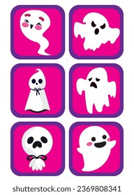 vector set of halloween ghost with violet background with purple border.