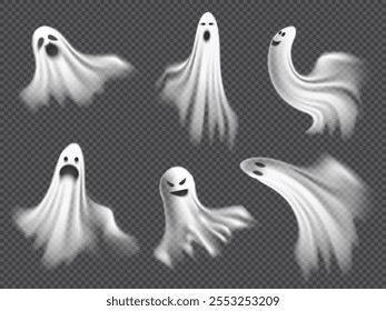 A vector set of Halloween ghosts with funny and creepy characters. Realistic images of spirits with scary and funny facial expressions for holiday decorations
