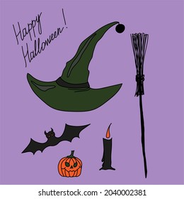 Vector set for Halloween with green, black, orange, purple color. A witch's hat, a broom, a pumpkin, a bat and a candle. Happy Halloween lettering.