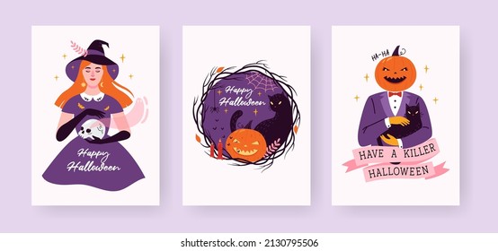 Vector set of Halloween greeting cards. Flat vector illustration of witch, skull, ghost, pumpkinhead Jack and black cat.