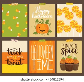 Vector set of halloween greeting cards. Cute hand drawn illustration with pumpkin, cupcakes, lollipop, candy and handwritten quotes. Invitation templates.