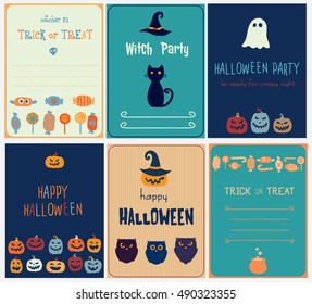 Vector Set of Halloween greeting cards. Six posters with hand drawn traditional symbols. Clip art for design.