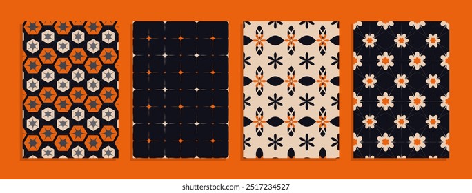 Conjunto de Vector de Halloween Groovy hippie 70s fondos. Tablero de ajedrez, tablero de ajedrez, malla, patrones de olas. Textura de Vector retorcido y distorsionado en estilo psicodélico retro de moda. Y2k estética.