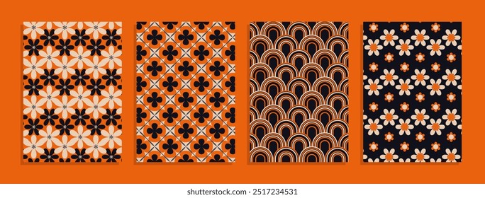 Conjunto de Vector de Halloween Groovy hippie 70s fondos. Tablero de ajedrez, tablero de ajedrez, malla, patrones de olas. Textura de Vector retorcido y distorsionado en estilo psicodélico retro de moda. Y2k estética.