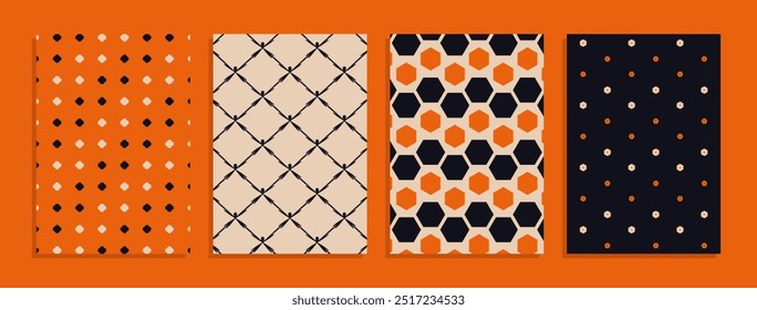 Conjunto de Vector de Halloween Groovy hippie 70s fondos. Tablero de ajedrez, tablero de ajedrez, malla, patrones de olas. Textura de Vector retorcido y distorsionado en estilo psicodélico retro de moda. Y2k estética.