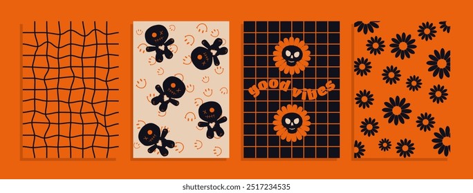 Conjunto de Vector de Halloween Groovy hippie 70s fondos. Tablero de ajedrez, tablero de ajedrez, malla, patrones de olas. Textura de Vector retorcido y distorsionado en estilo psicodélico retro de moda. Y2k estética.