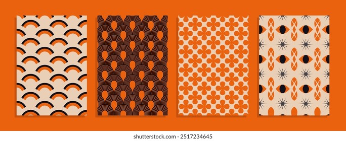 Conjunto de Vector de Halloween Groovy hippie 70s fondos. Tablero de ajedrez, tablero de ajedrez, malla, patrones de olas. Textura de Vector retorcido y distorsionado en estilo psicodélico retro de moda. Y2k estética.