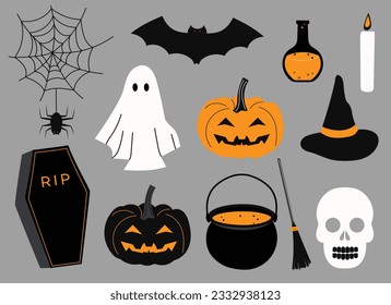 Vector set for Halloween. Hand drawn bat, ghost, spider, spider web, pumpkin, witch hat, broom, coffin, potion pot. Happy Halloween. Seasonal trendy decorations. Autumn orange and black decor. 