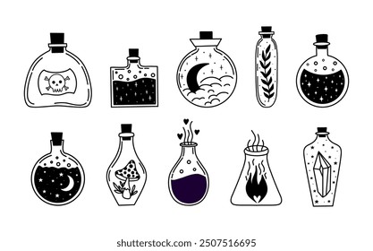 Vector set of Halloween in hand drawn style. Doodle cute illustration with traditional Halloween elements line potion. Isolated elements on white background. 
