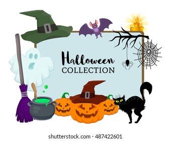 Vector set of Halloween hand drawn cartoon objects. Magic hat,  witch broom, black cat, bat, ghost, pumpkin, small spider near web,candle, branch, bowler. Poster banner advertisement design element