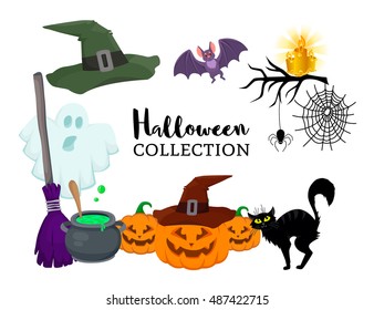Vector set of Halloween hand drawn cartoon objects. Magic hat,  witch broom, black cat, bat, ghost, pumpkin, small spider near web,candle, branch, bowler. Poster banner advertisement design element