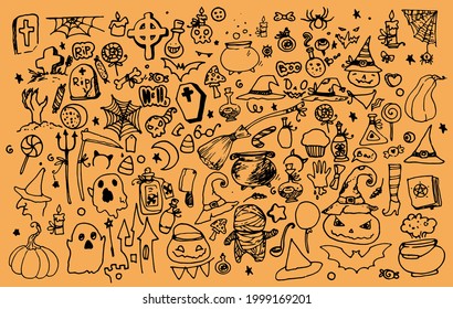 Vector set for Halloween. hand-drawn doodle-style elements, jack pumpkin, witch hat, mummy, cauldron, spider web, potion, bat, candy black outline on orange background for design template