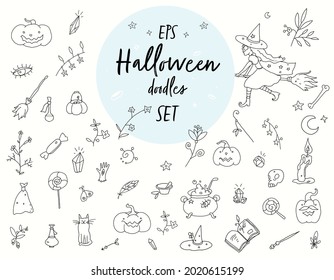 Vector Set for Halloween. Hand-drawn style. Doddles. Bright simple lines. Witch, candies, skull, herbs, bottles, pumpkins for print or web design.