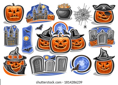 Vector set for Halloween holiday, 14 cut out illustrations with old castle on blue sky background and halloween Jack-o-Lanterns in hats and tombstone with unique letters for for words - 31 october.