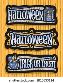 Vector set for Halloween holiday, 3 isolated illustrations with old castle and decorative flourishes, halloween Jack-o-Lantern in hat and unique brush letters for for words - trick or treat.