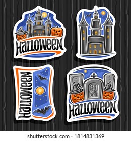 Vector set for Halloween holiday, 4 cut paper sings with old castle on blue sky background and pair halloween Jack-o-Lanterns in hats and tombstone with unique letters for for words - 31 october.