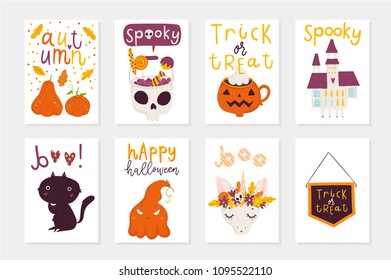 Vector set of Halloween holidays hand drawn invitation or greeting card with handwritten lettering greetings, words, phrases and super cute illustrations. Illustrations collection