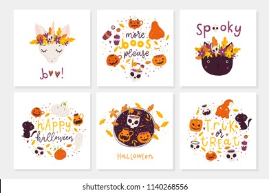 Vector set of Halloween holidays hand drawn invitation or greeting card with handwritten lettering greetings, words, phrases and super cute illustrations. Illustrations collection