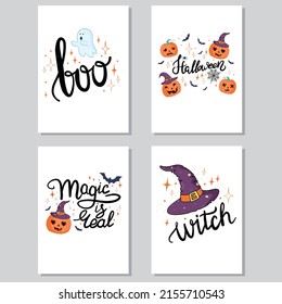 Juego de vectores de feriados de Halloween invitación a mano o tarjeta de saludo con saludo caligráfico escrito a mano, palabras y frases.