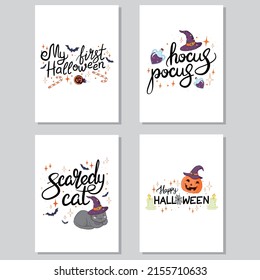 Vektorset von Halloween Feiertagen handgezeichnet Einladung oder Grußkarte mit handgeschriebenen Kalligrafiegrüßungen, Wörtern und Phrasen.