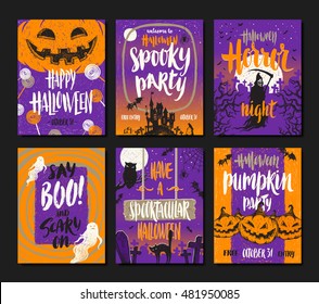 Vector set of Halloween holidays hand drawn posters or greeting card with handwritten calligraphy quotes, words and phrases.